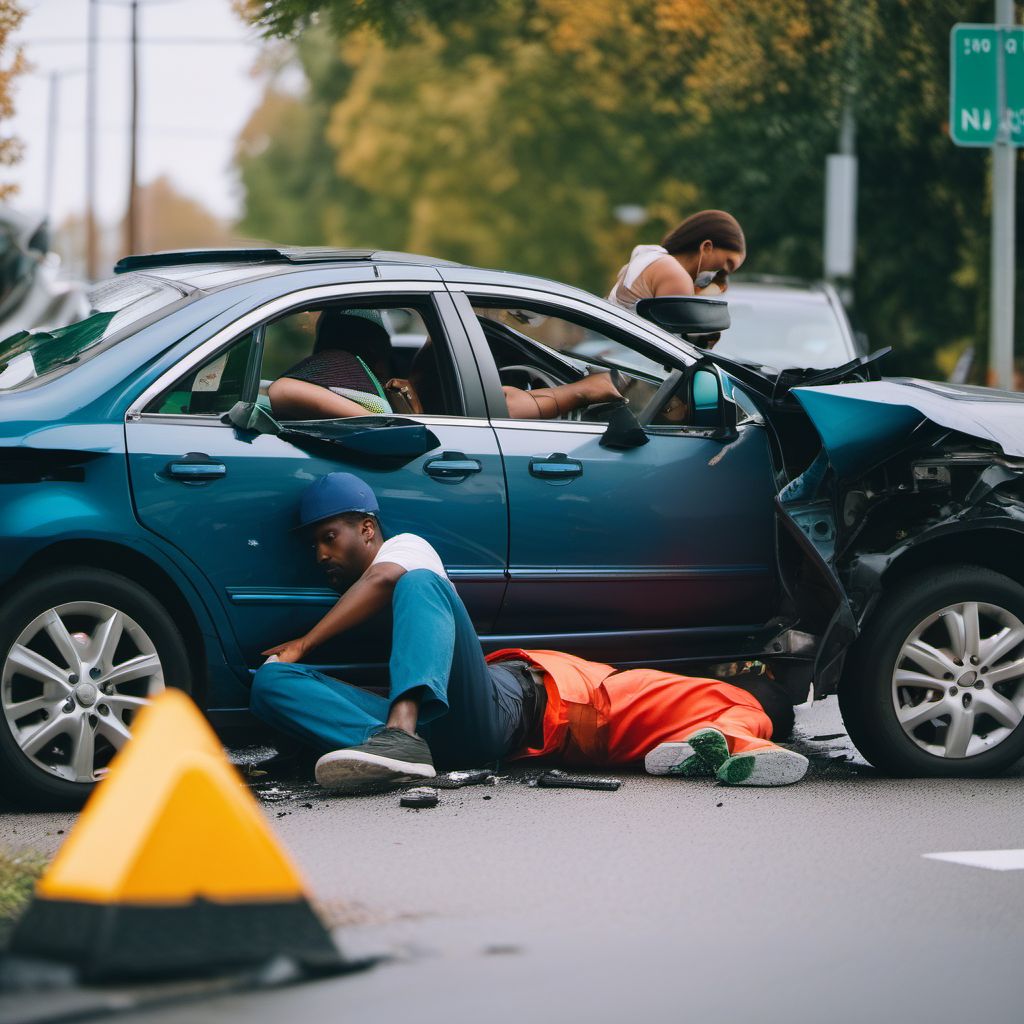 Person on outside of car injured in collision with other nonmotor vehicle in nontraffic accident digital illustration