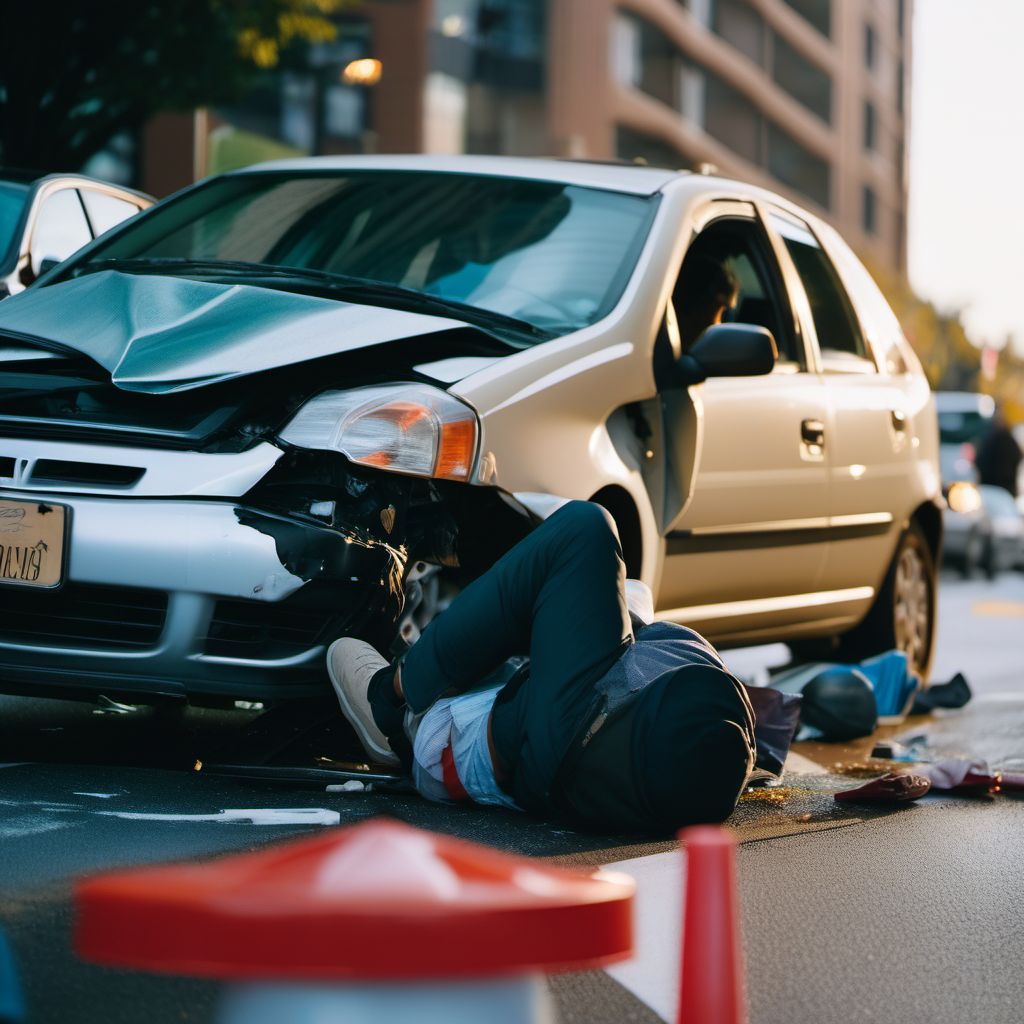 Person on outside of car injured in collision with other nonmotor vehicle in traffic accident digital illustration