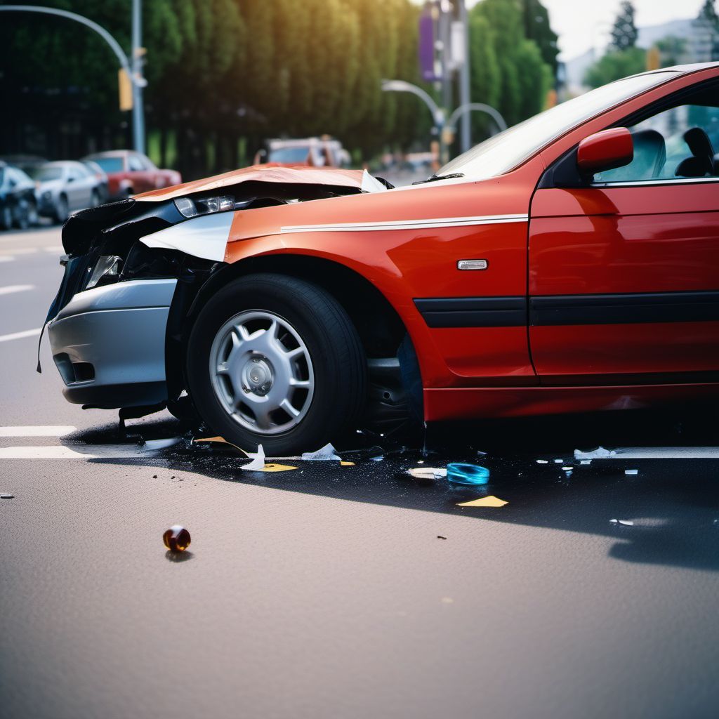 Car passenger injured in collision with fixed or stationary object in traffic accident digital illustration