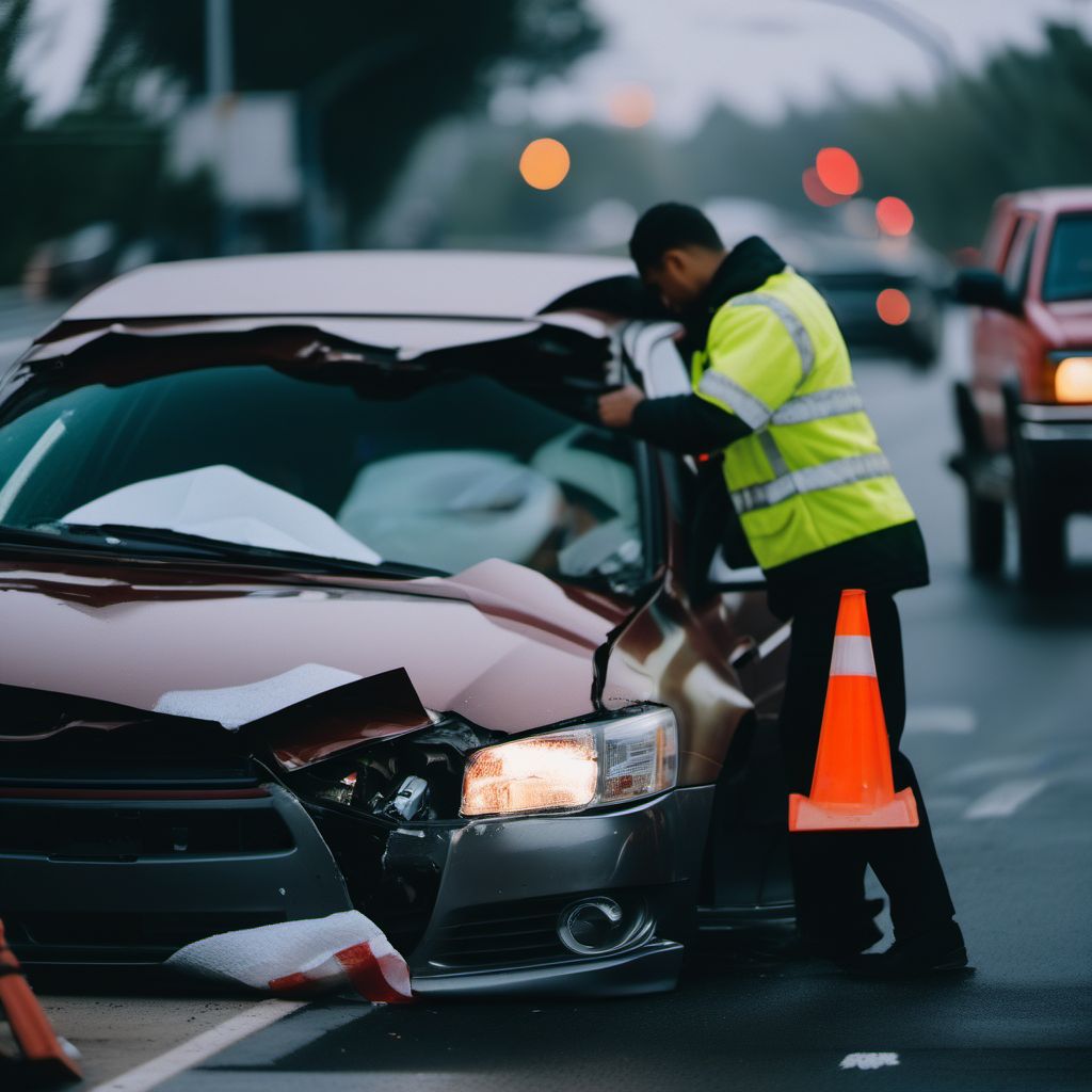 Person on outside of car injured in collision with fixed or stationary object in traffic accident digital illustration