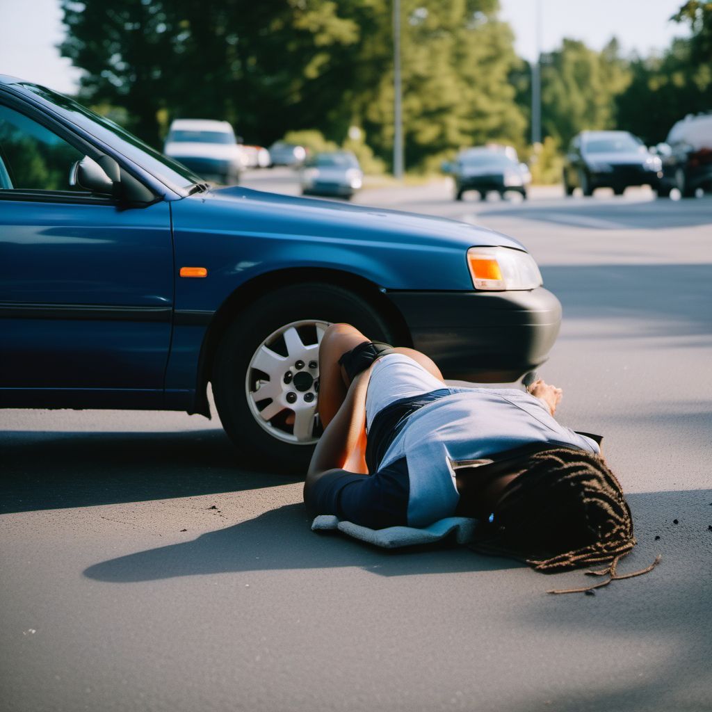 Person on outside of car injured in noncollision transport accident in nontraffic accident digital illustration