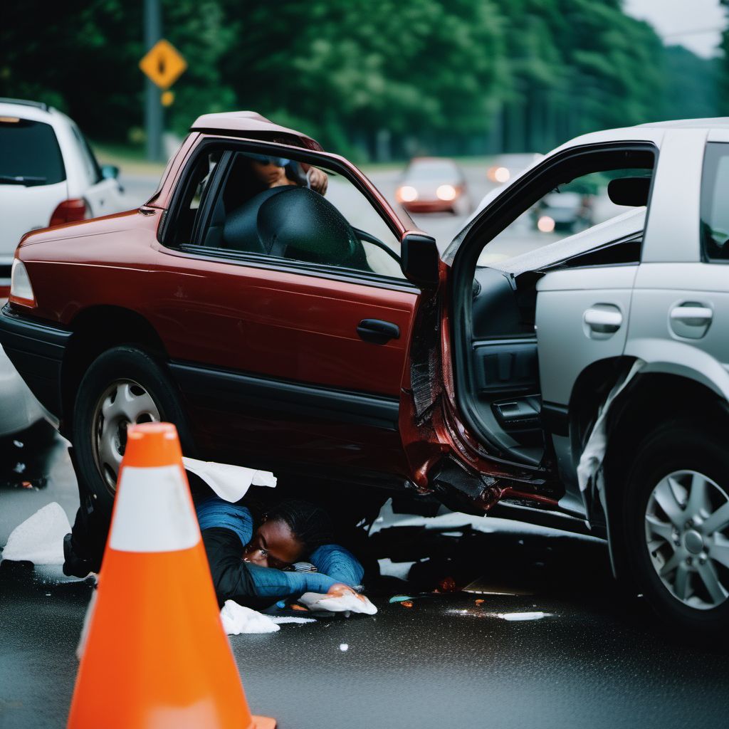 Person on outside of car injured in noncollision transport accident in traffic accident digital illustration