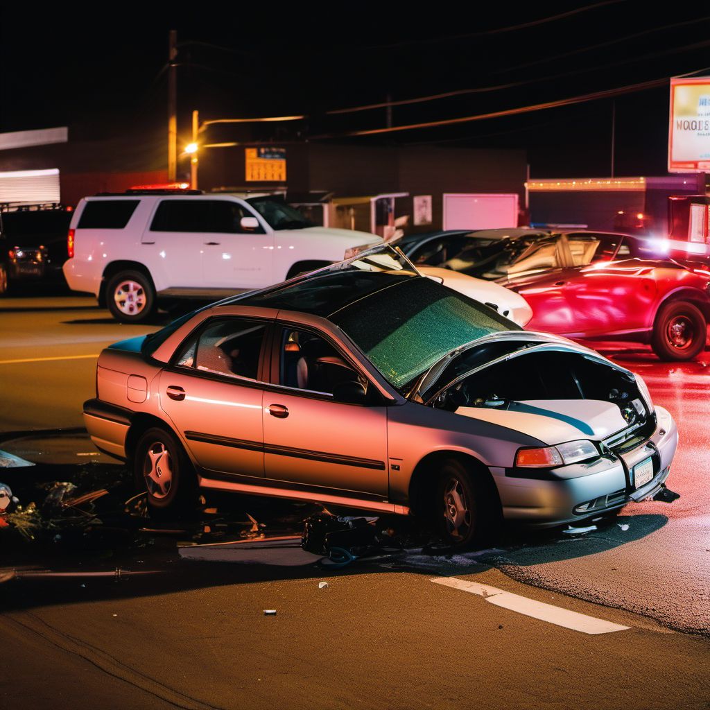 Unspecified car occupant injured in collision with other and unspecified motor vehicles in nontraffic accident digital illustration