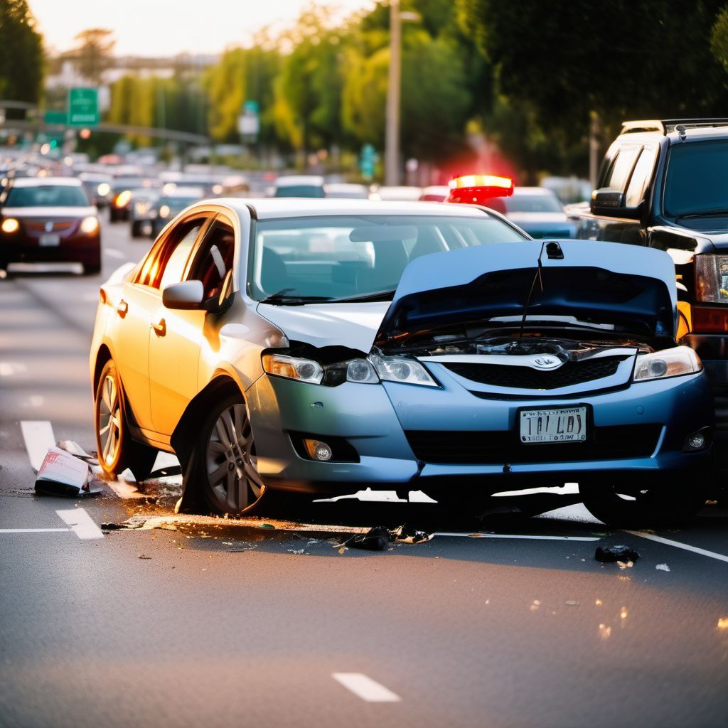 Driver injured in collision with other and unspecified motor vehicles in traffic accident digital illustration