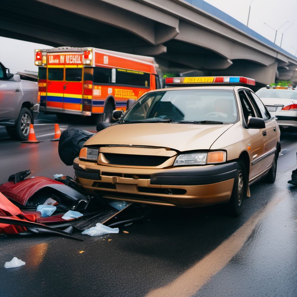 Passenger injured in collision with unspecified motor vehicles in traffic accident digital illustration