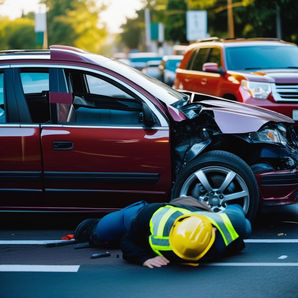 Unspecified car occupant injured in collision with other motor vehicles in traffic accident digital illustration