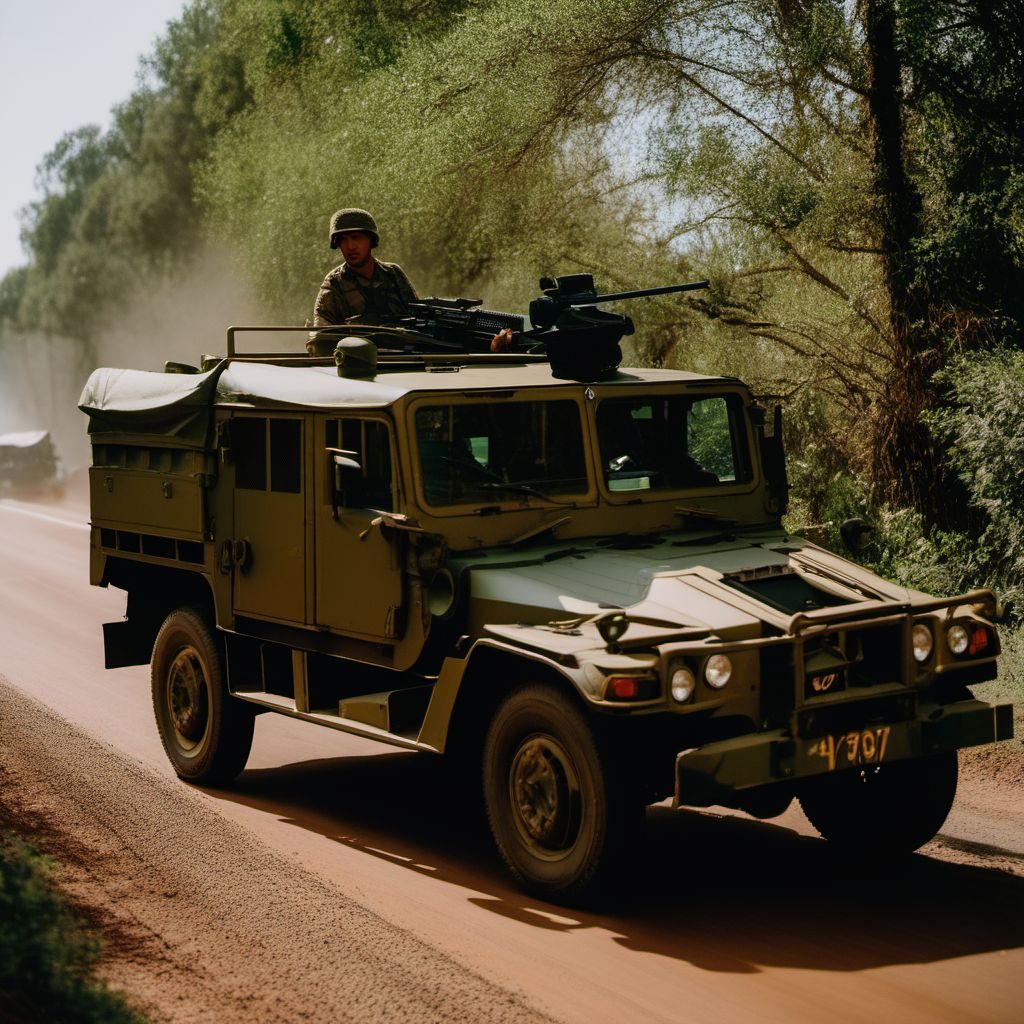 Car occupant (driver) (passenger) injured in transport accident with military vehicle digital illustration