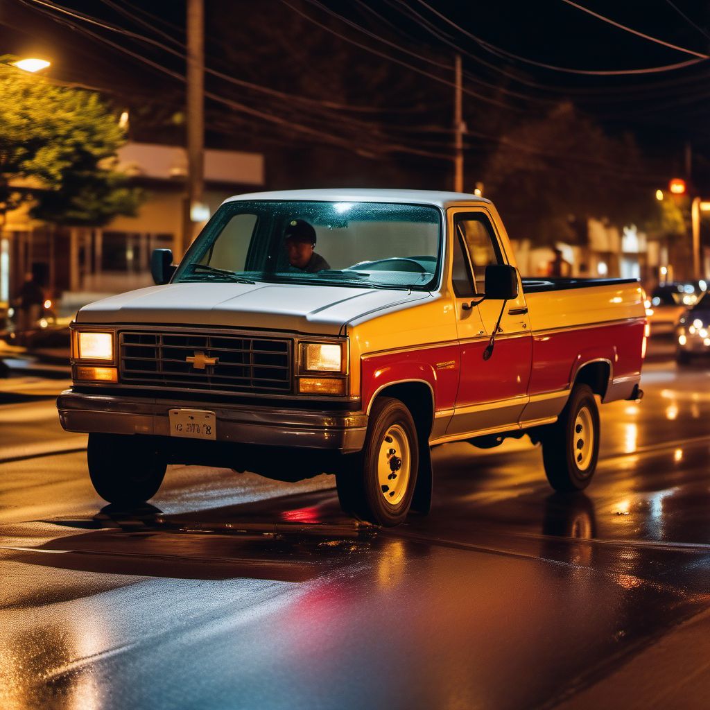 Passenger in pick-up truck or van injured in collision with pedestrian or animal in nontraffic accident digital illustration