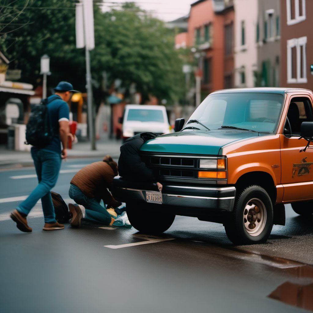 Person boarding or alighting a pick-up truck or van injured in collision with pedestrian or animal digital illustration