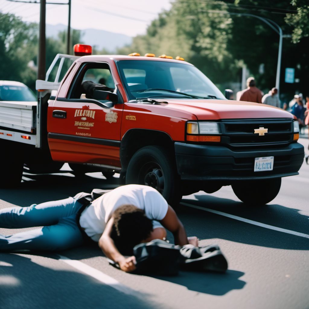 Person on outside of pick-up truck or van injured in collision with pedestrian or animal in traffic accident digital illustration