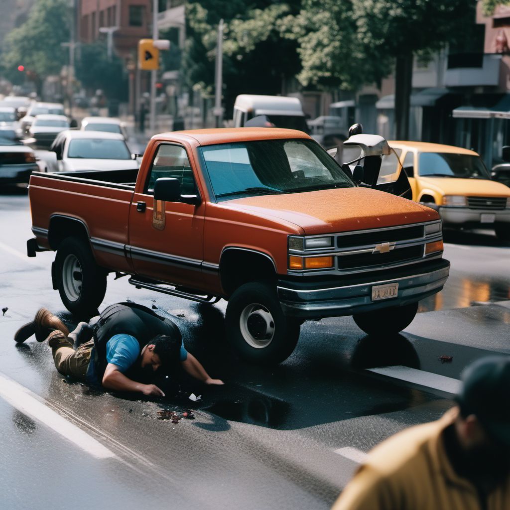 Unspecified occupant of pick-up truck or van injured in collision with pedestrian or animal in traffic accident digital illustration