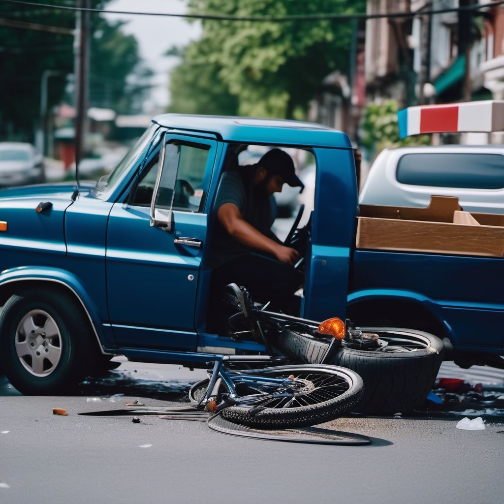 Passenger in pick-up truck or van injured in collision with pedal cycle in nontraffic accident digital illustration