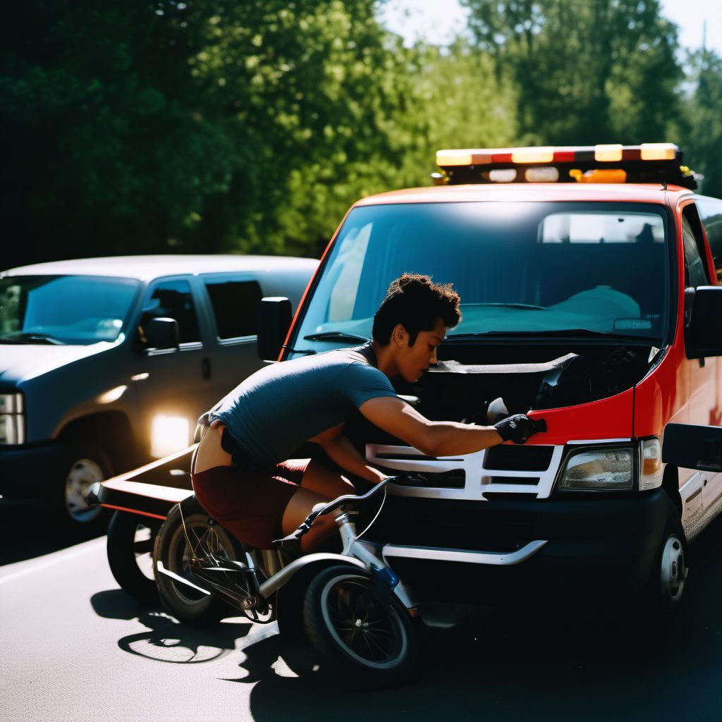 Person on outside of pick-up truck or van injured in collision with pedal cycle in nontraffic accident digital illustration