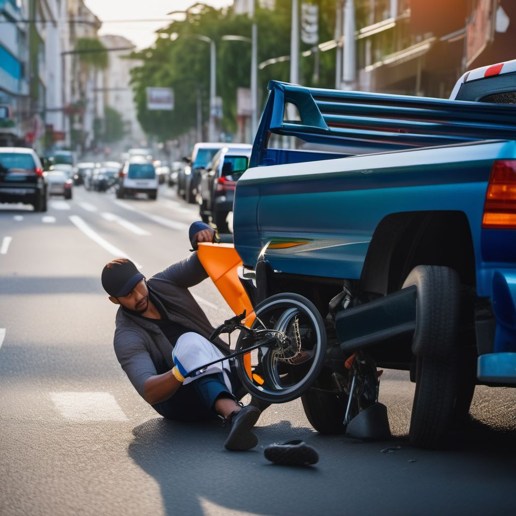 Driver of pick-up truck or van injured in collision with pedal cycle in traffic accident digital illustration