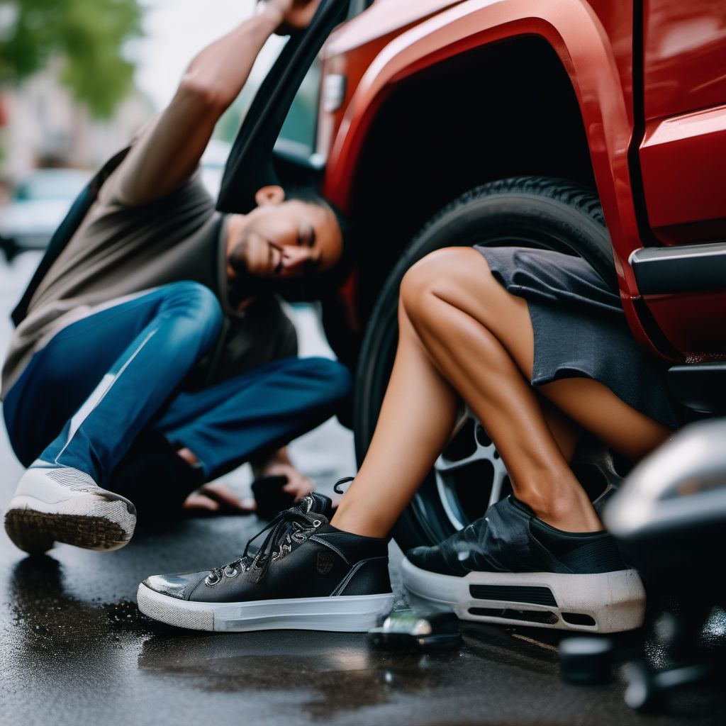 Person on outside of pick-up truck or van injured in collision with pedal cycle in traffic accident digital illustration