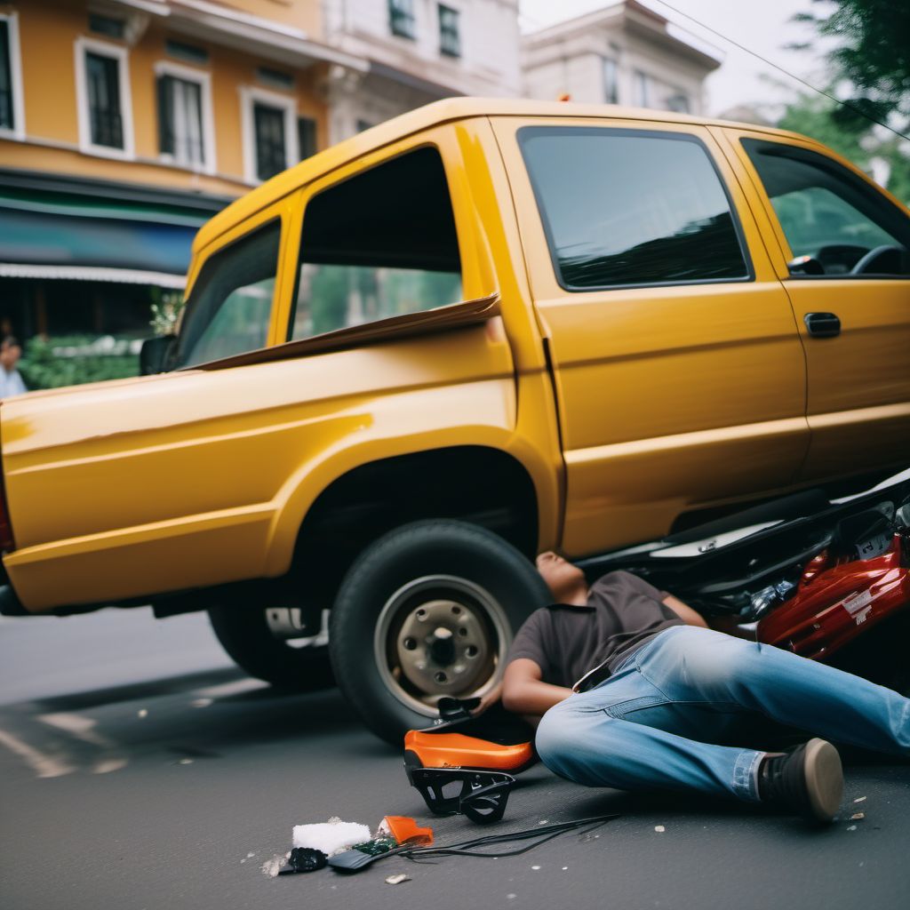 Unspecified occupant of pick-up truck or van injured in collision with pedal cycle in traffic accident digital illustration