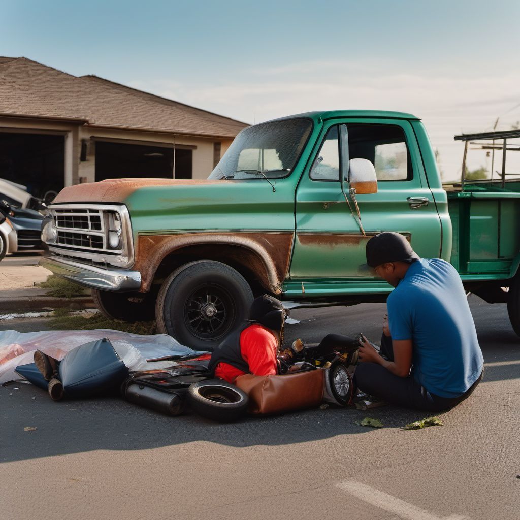 Occupant of pick-up truck or van injured in collision with two- or three-wheeled motor vehicle digital illustration