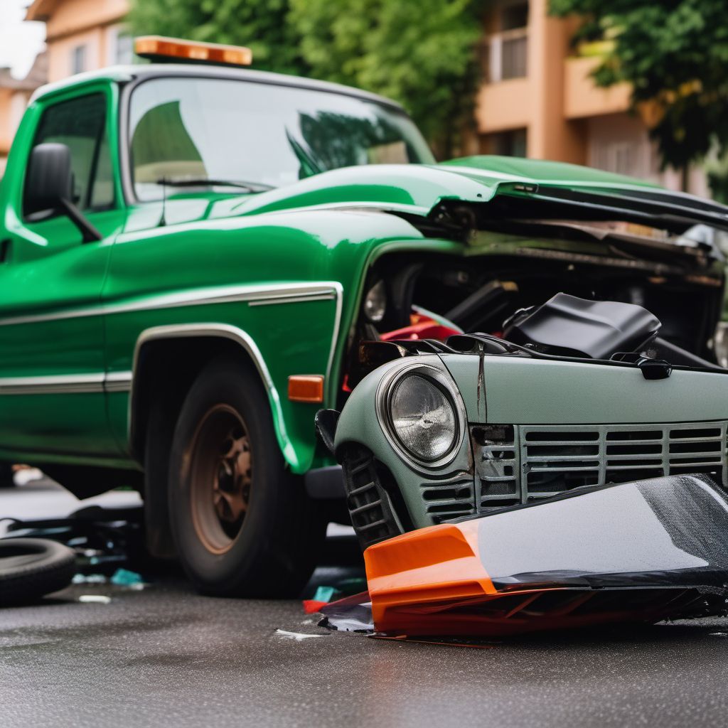 Driver of pick-up truck or van injured in collision with two- or three-wheeled motor vehicle in nontraffic accident digital illustration