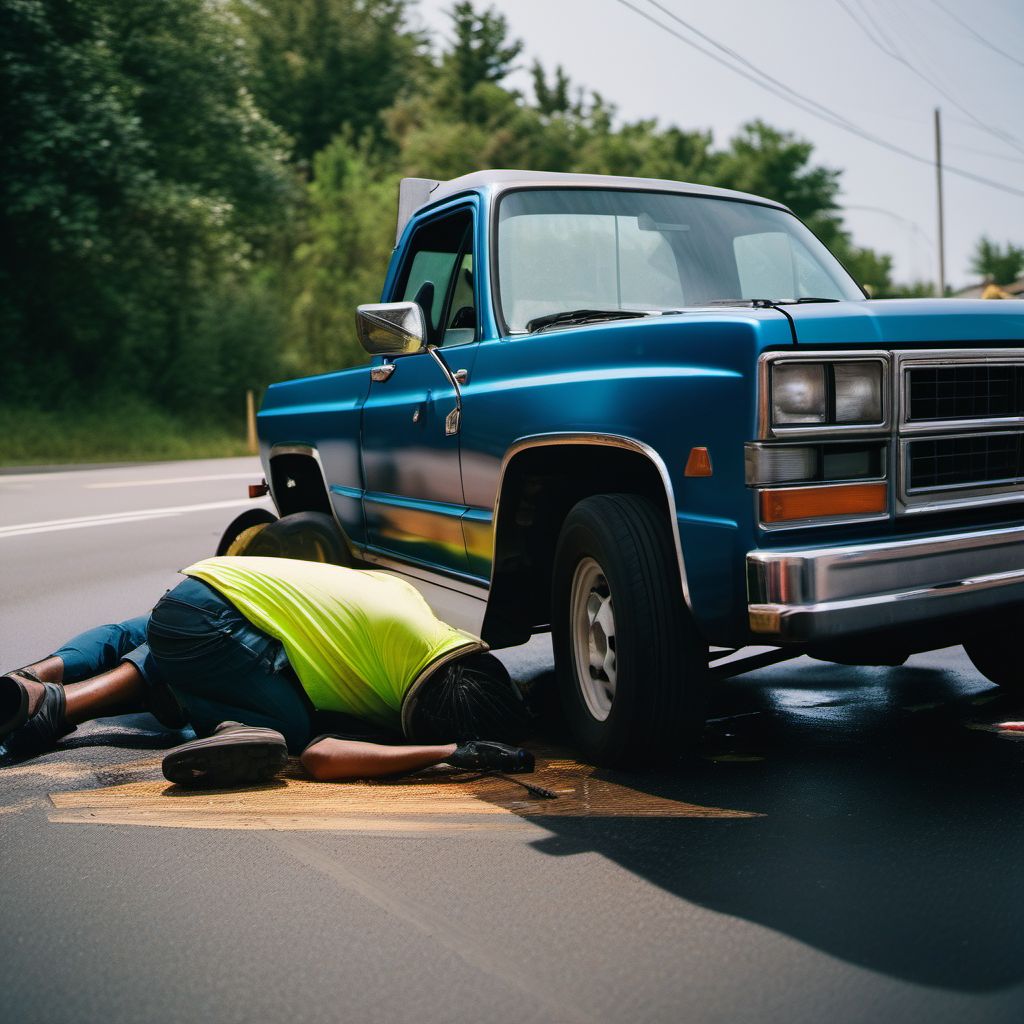 Passenger in pick-up truck or van injured in collision with two- or three-wheeled motor vehicle in nontraffic accident digital illustration