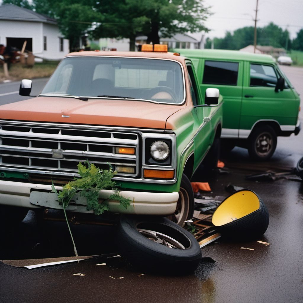 Unspecified occupant of pick-up truck or van injured in collision with two- or three-wheeled motor vehicle in nontraffic accident digital illustration