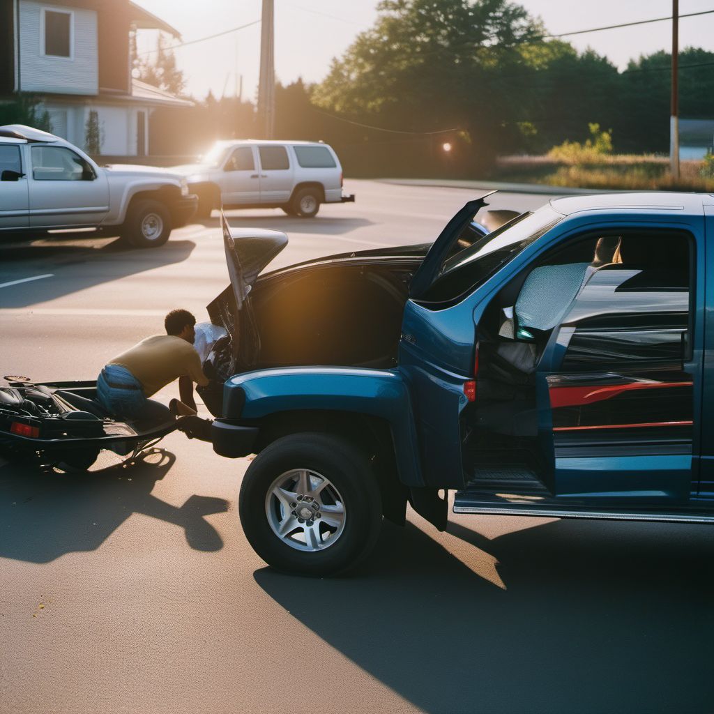 Person boarding or alighting a pick-up truck or van injured in collision with two- or three-wheeled motor vehicle digital illustration