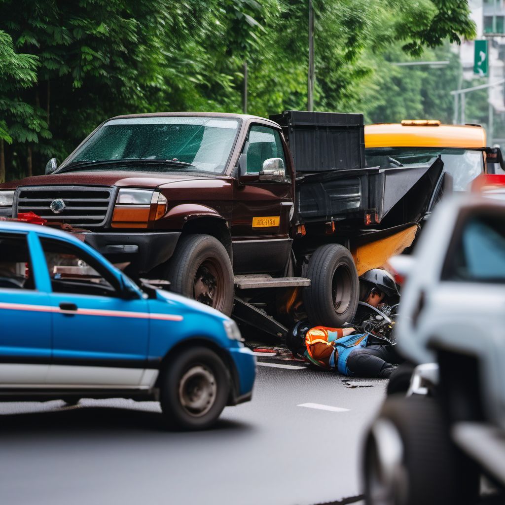 Driver of pick-up truck or van injured in collision with two- or three-wheeled motor vehicle in traffic accident digital illustration