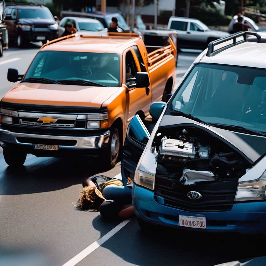 Person on outside of pick-up truck or van injured in collision with two- or three-wheeled motor vehicle in traffic accident digital illustration