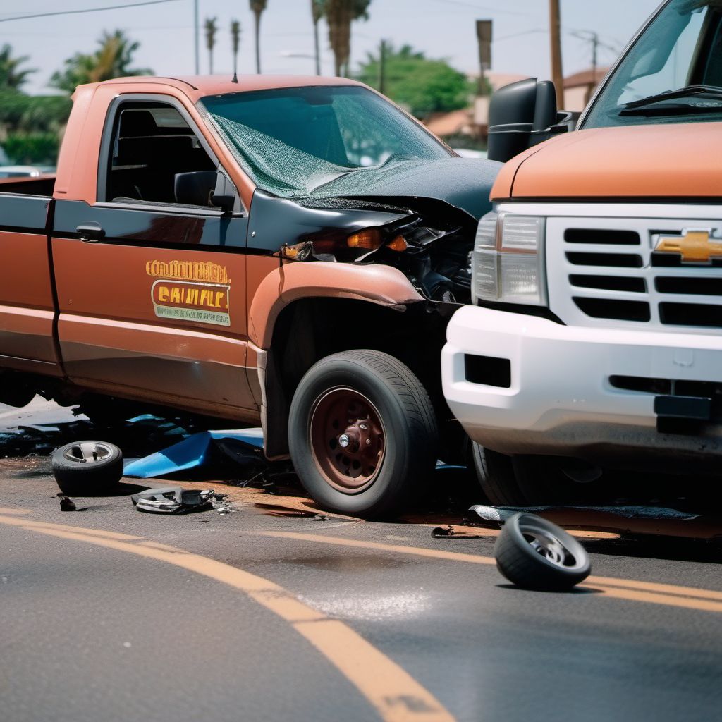 Unspecified occupant of pick-up truck or van injured in collision with two- or three-wheeled motor vehicle in traffic accident digital illustration