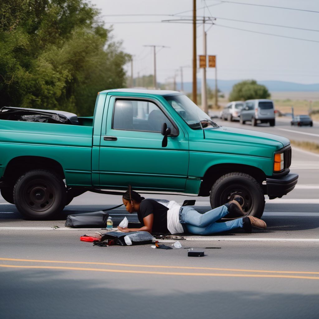 Occupant of pick-up truck or van injured in collision with car, pick-up truck or van digital illustration