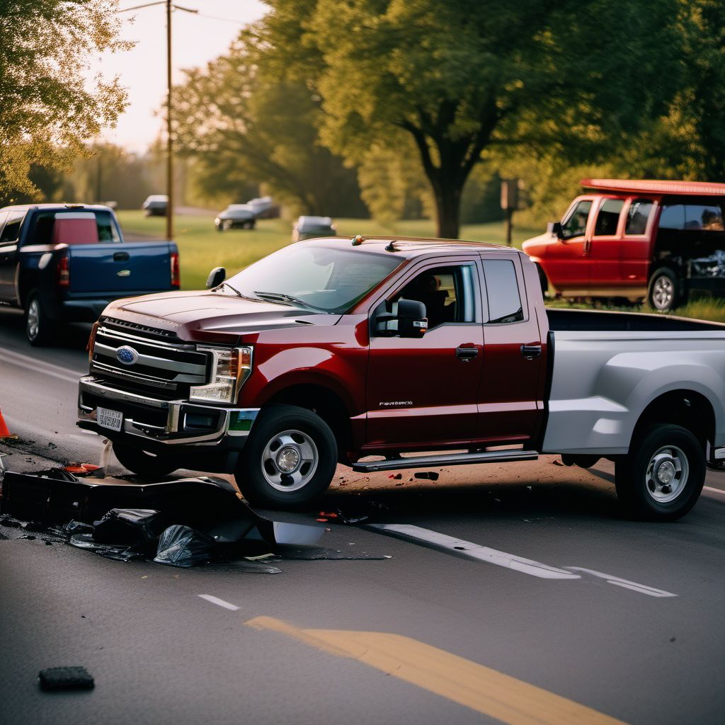 Passenger in pick-up truck or van injured in collision with car, pick-up truck or van in nontraffic accident digital illustration