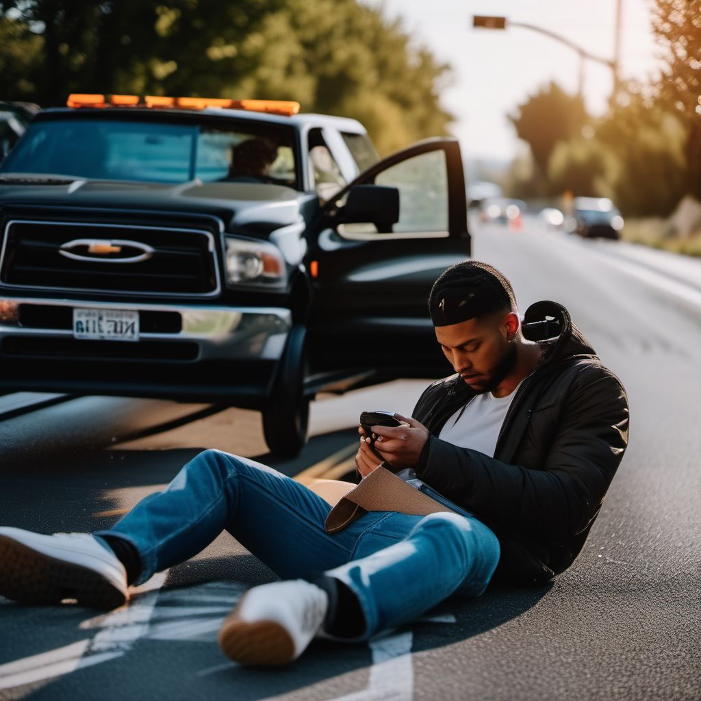 Person on outside of pick-up truck or van injured in collision with car, pick-up truck or van in traffic accident digital illustration