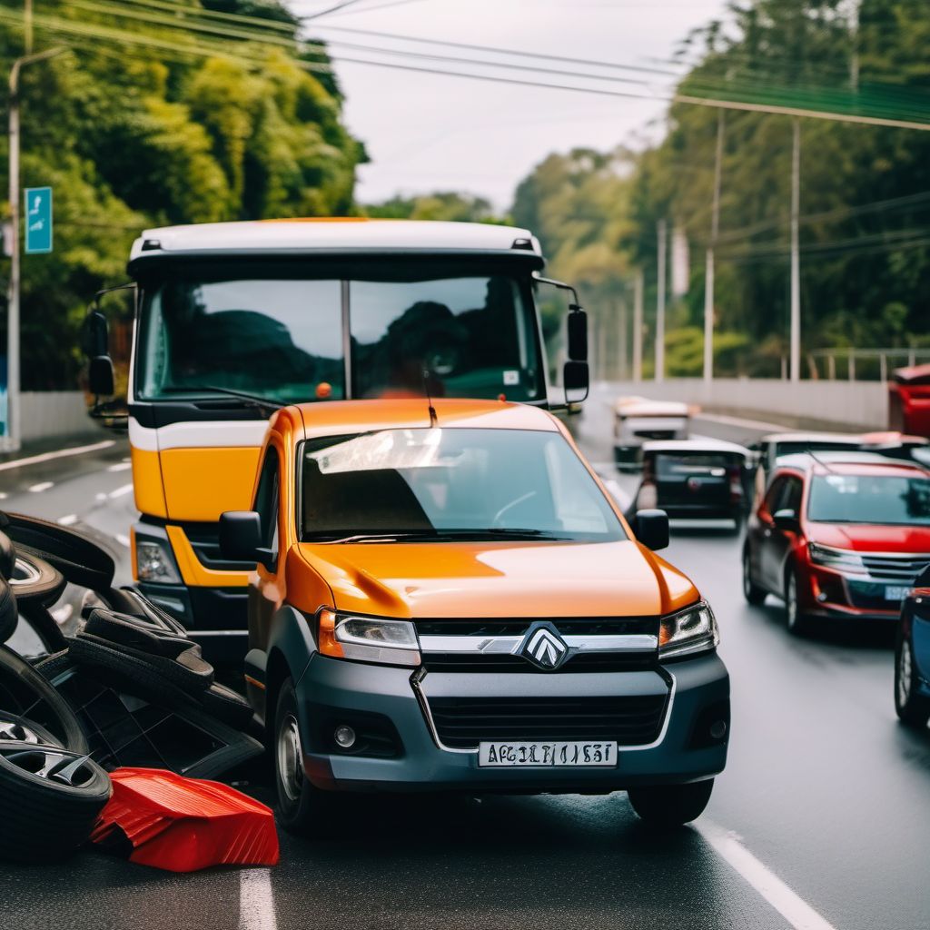 Driver of pick-up truck or van injured in collision with heavy transport vehicle or bus in nontraffic accident digital illustration