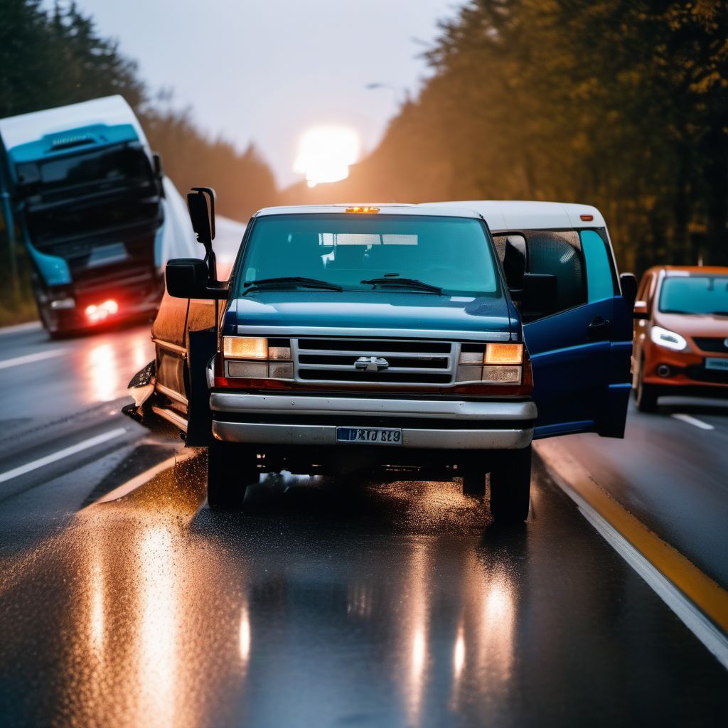 Passenger in pick-up truck or van injured in collision with heavy transport vehicle or bus in nontraffic accident digital illustration