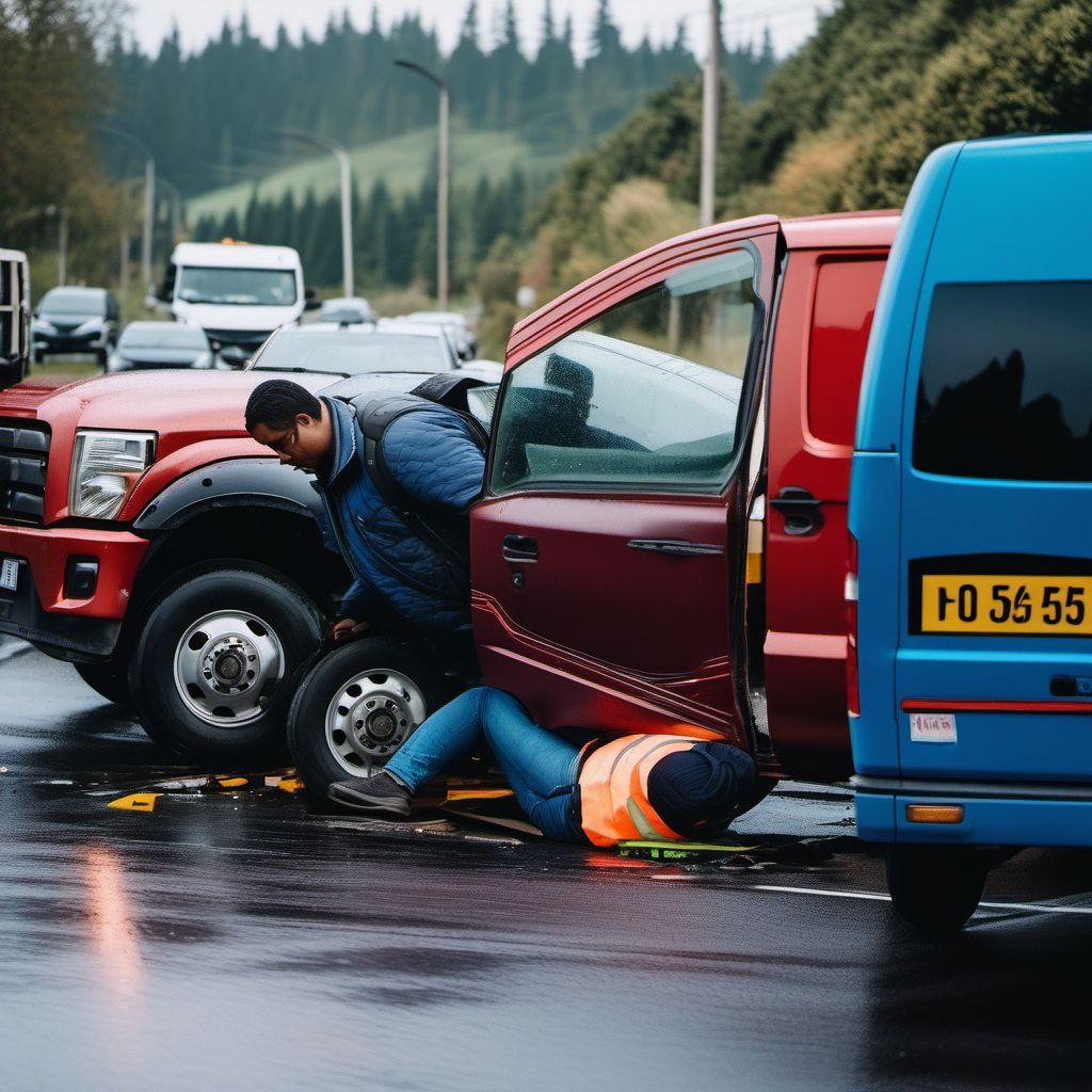 Person on outside of pick-up truck or van injured in collision with heavy transport vehicle or bus in nontraffic accident digital illustration