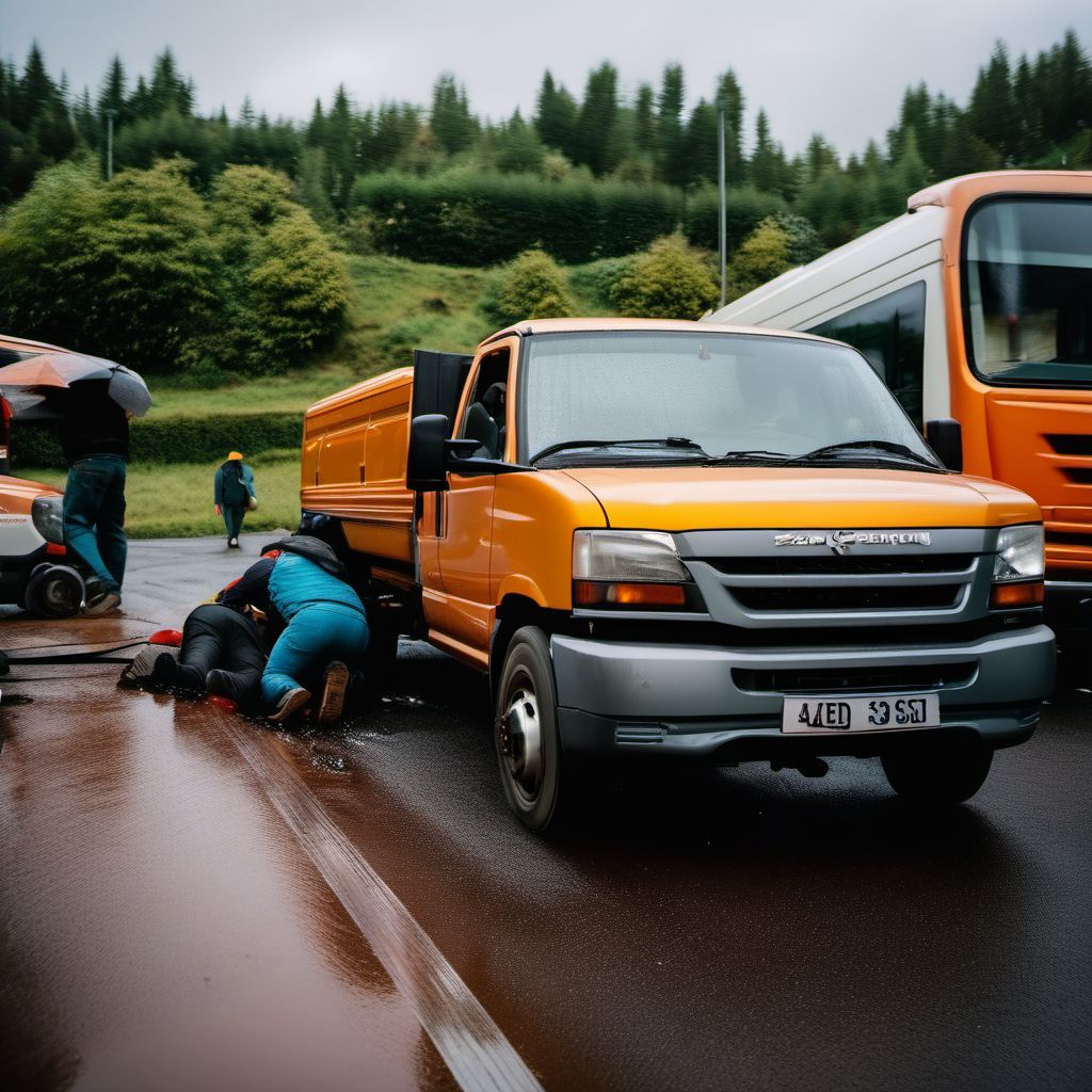 Person boarding or alighting a pick-up truck or van injured in collision with heavy transport vehicle or bus digital illustration