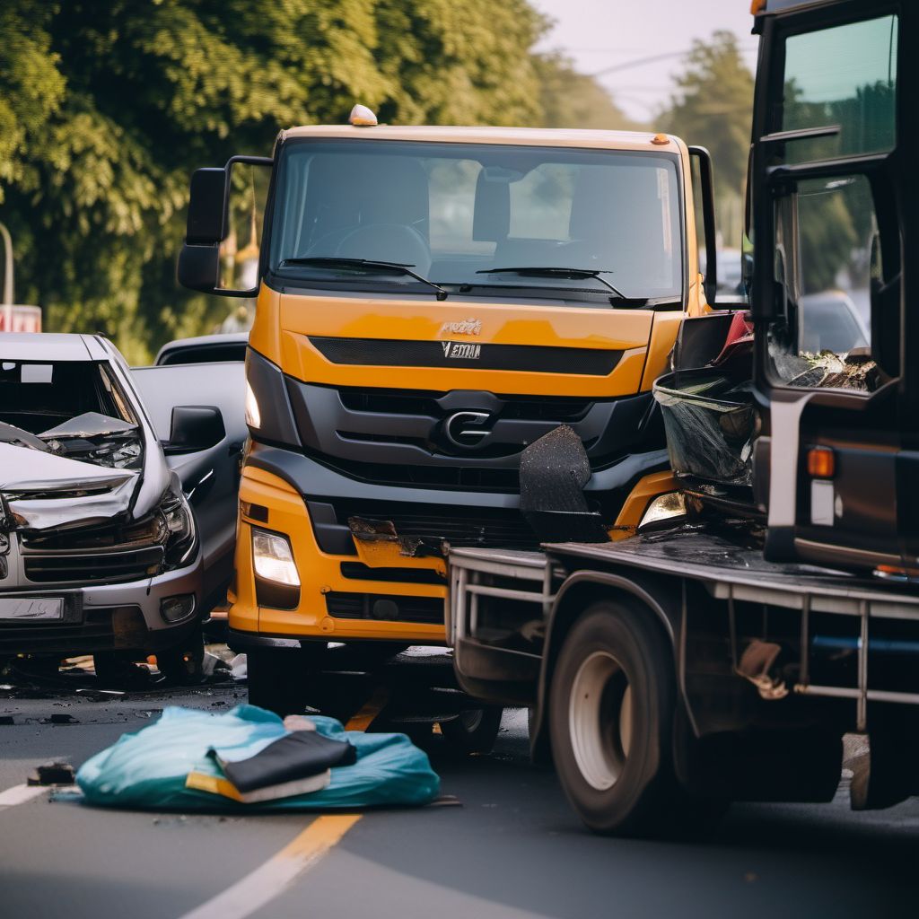 Driver of pick-up truck or van injured in collision with heavy transport vehicle or bus in traffic accident digital illustration