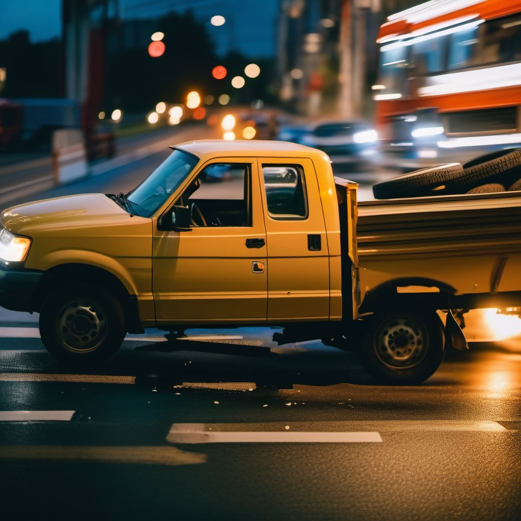 Passenger in pick-up truck or van injured in collision with heavy transport vehicle or bus in traffic accident digital illustration