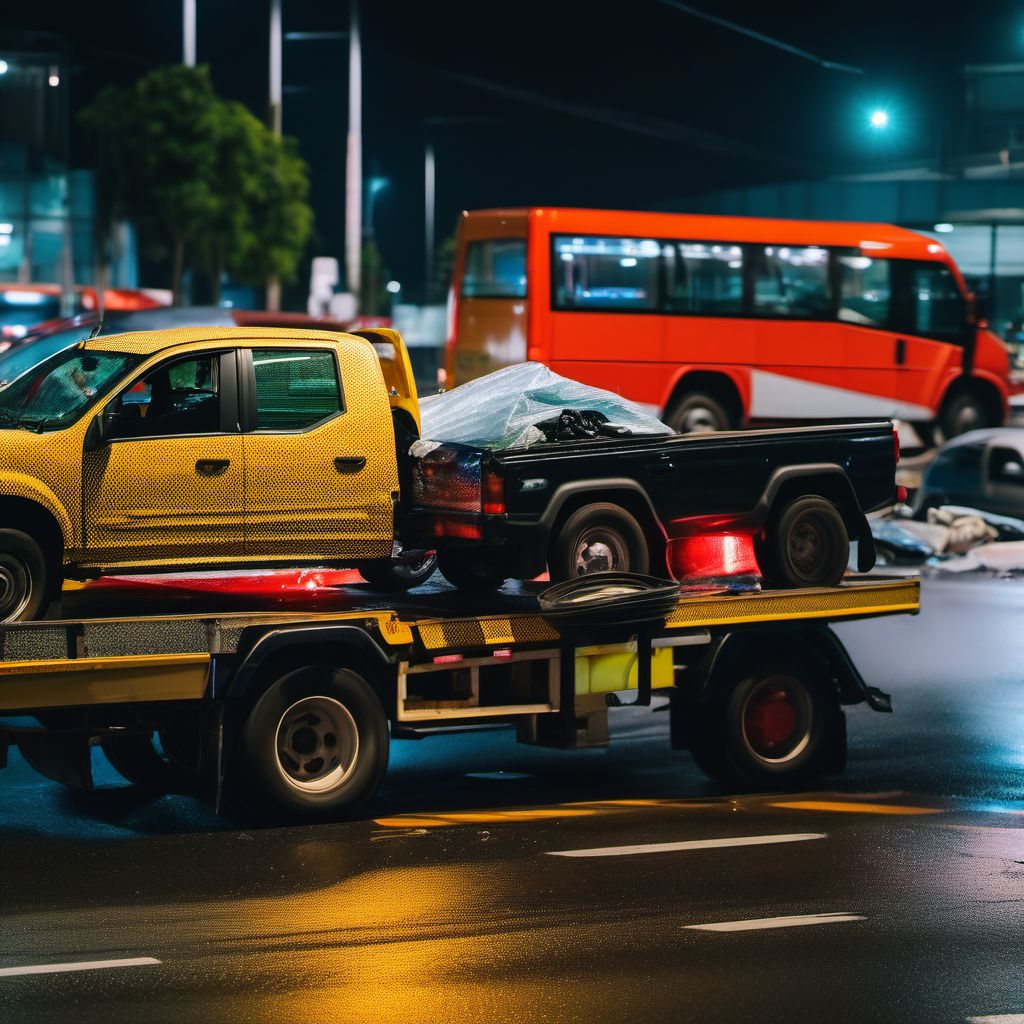 Unspecified occupant of pick-up truck or van injured in collision with heavy transport vehicle or bus in traffic accident digital illustration