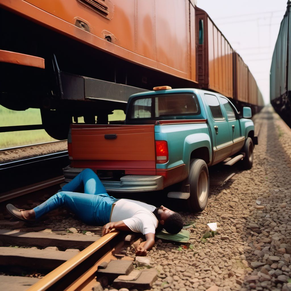 Occupant of pick-up truck or van injured in collision with railway train or railway vehicle digital illustration