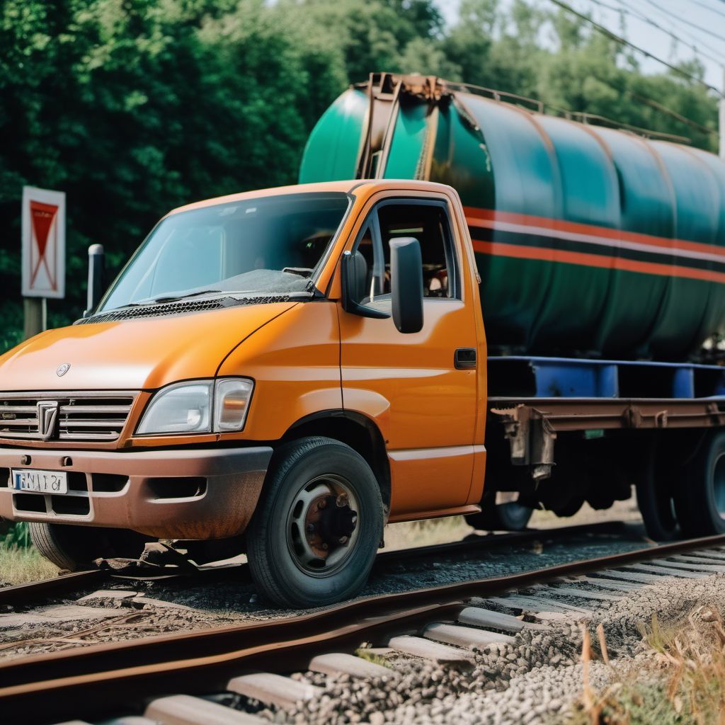 Driver of pick-up truck or van injured in collision with railway train or railway vehicle in nontraffic accident digital illustration