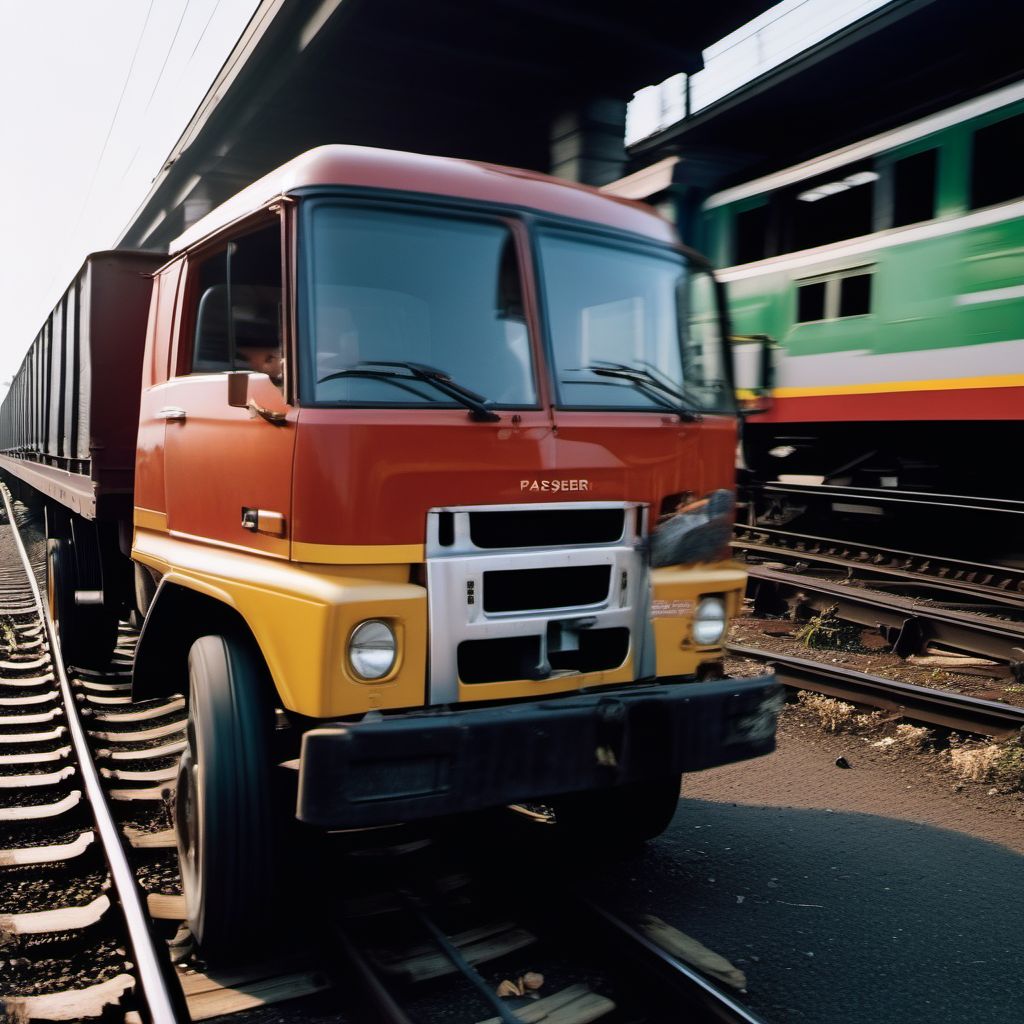 Passenger in pick-up truck or van injured in collision with railway train or railway vehicle in nontraffic accident digital illustration