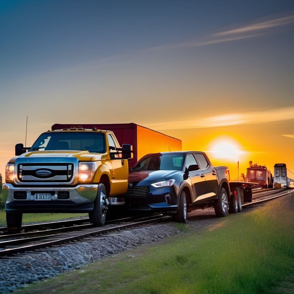 Person on outside of pick-up truck or van injured in collision with railway train or railway vehicle in nontraffic accident digital illustration