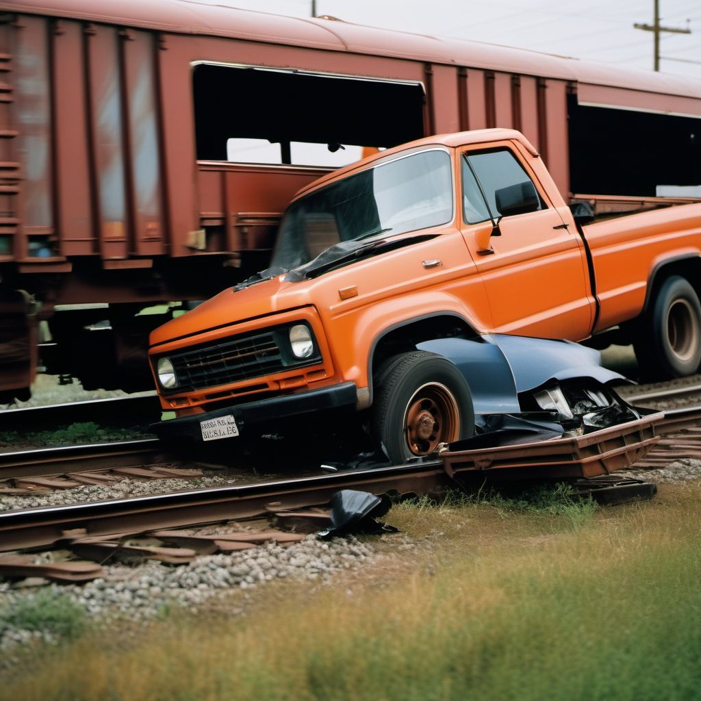 Unspecified occupant of pick-up truck or van injured in collision with railway train or railway vehicle in nontraffic accident digital illustration