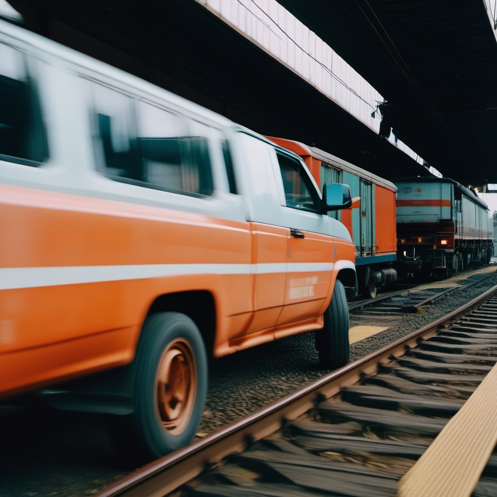 Person boarding or alighting a pick-up truck or van injured in collision with railway train or railway vehicle digital illustration