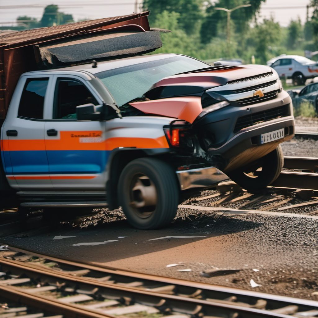 Driver of pick-up truck or van injured in collision with railway train or railway vehicle in traffic accident digital illustration