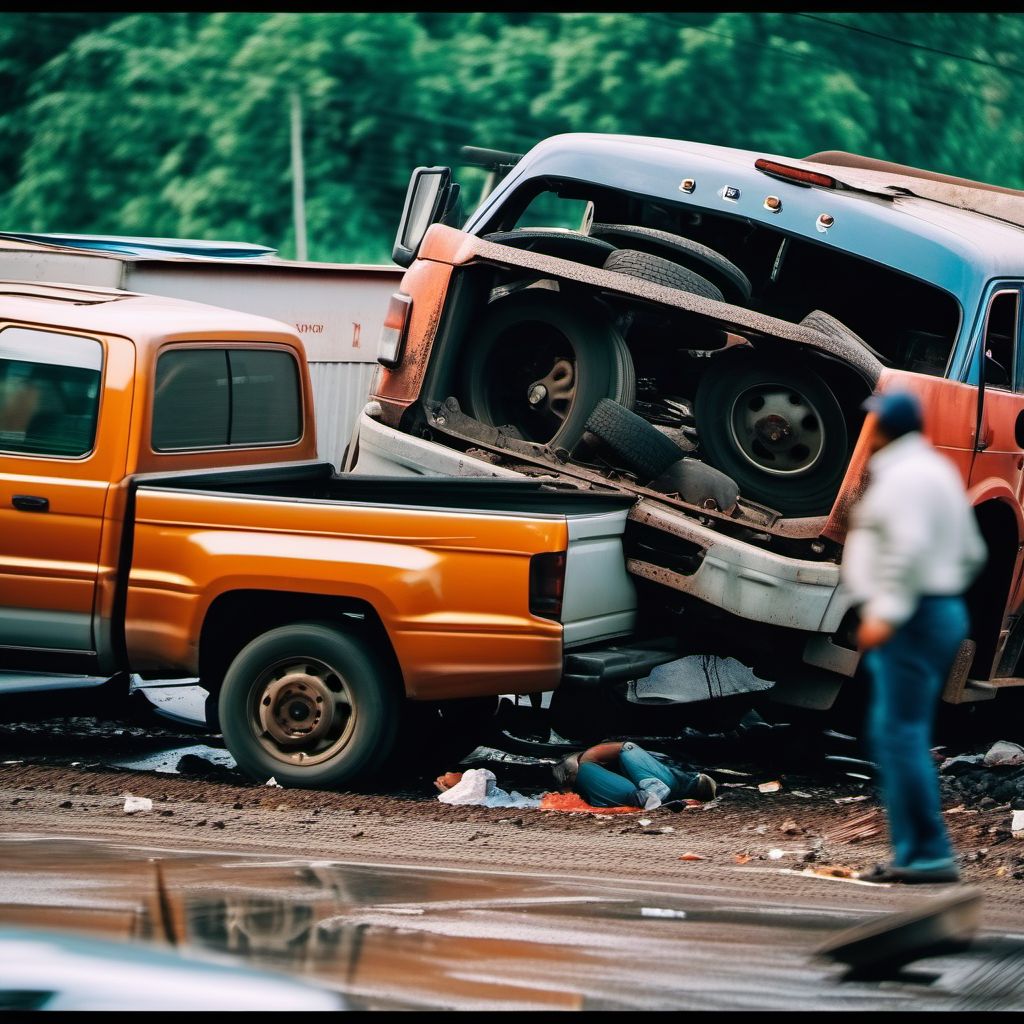 Passenger in pick-up truck or van injured in collision with railway train or railway vehicle in traffic accident digital illustration