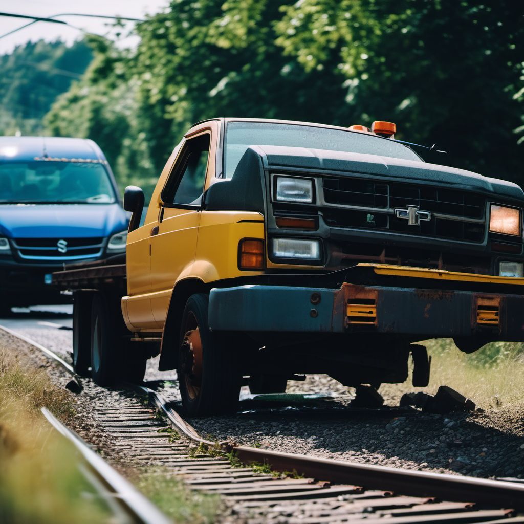 Person on outside of pick-up truck or van injured in collision with railway train or railway vehicle in traffic accident digital illustration