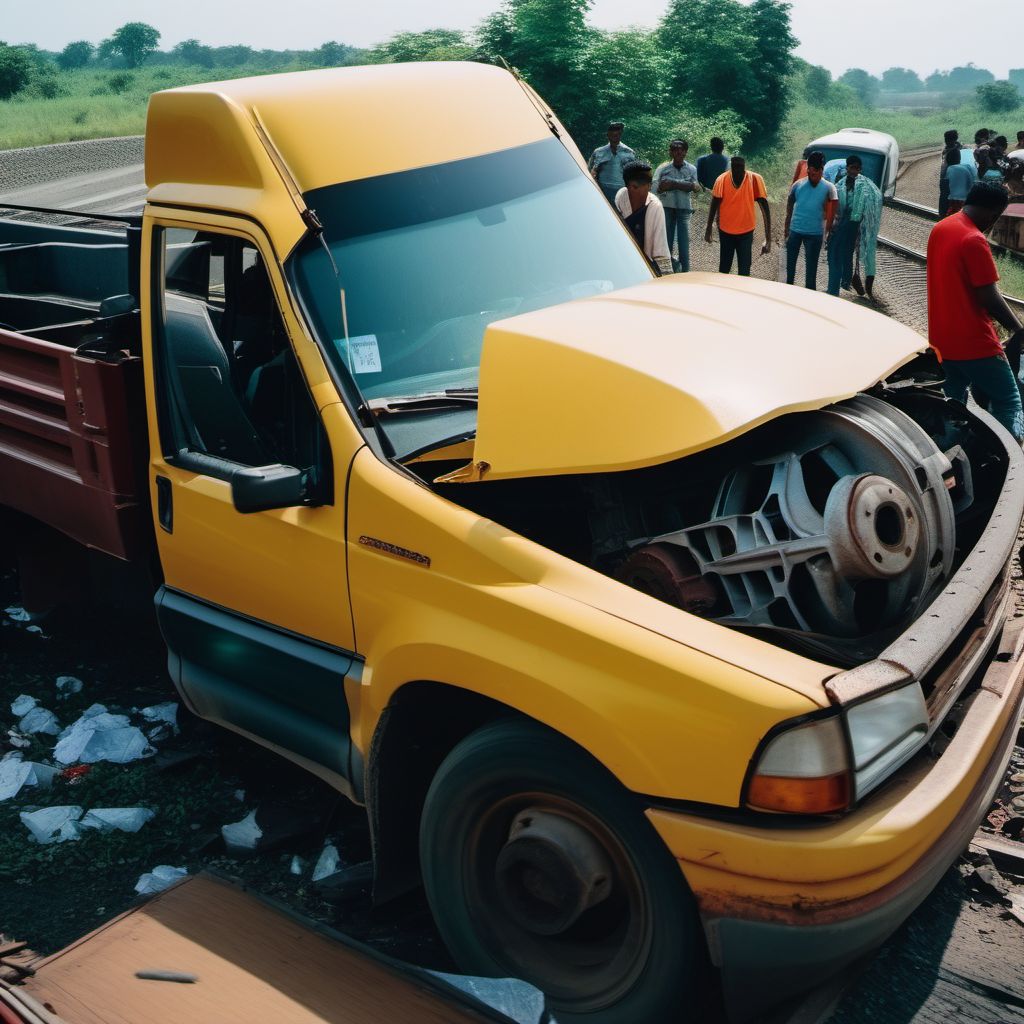 Unspecified occupant of pick-up truck or van injured in collision with railway train or railway vehicle in traffic accident digital illustration