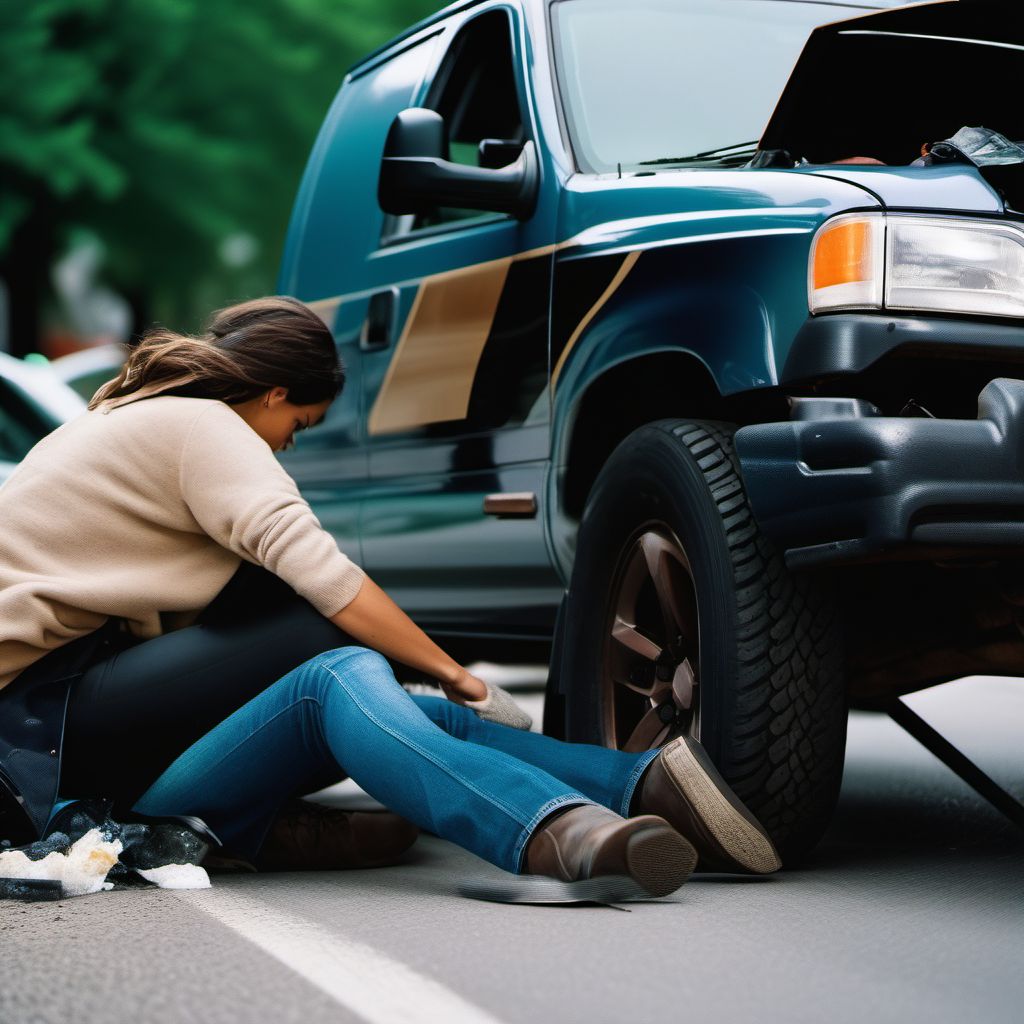 Person on outside of pick-up truck or van injured in collision with other nonmotor vehicle in nontraffic accident digital illustration