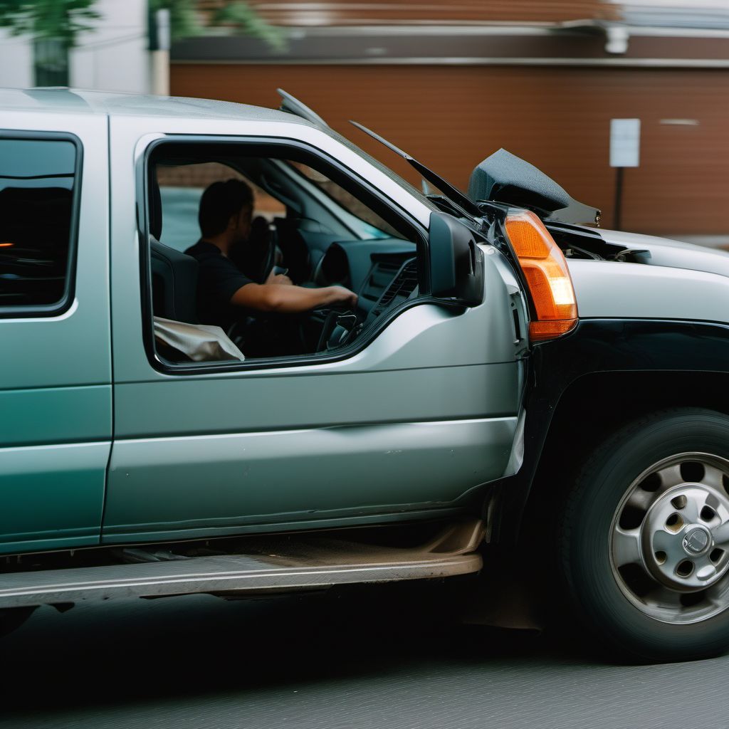 Person on outside of pick-up truck or van injured in collision with other nonmotor vehicle in traffic accident digital illustration